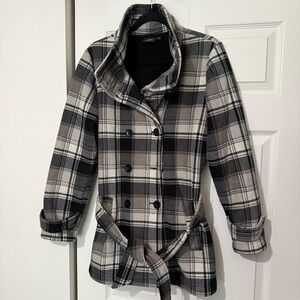 Ike Behar Women's Fleece Jacket With Belt Grey/Black/White Plaid, Size Medium